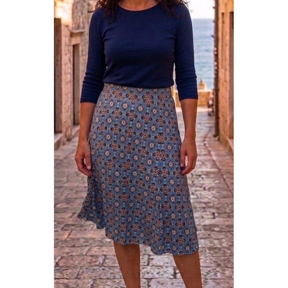 Van Heusen Bohemian Geometric Medallion A-Line Midi Skirt Blue 10 Career Casual